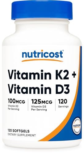 Nutricost Vitamin D3 + K2 (5000 IE D3 / 100mcg MK7), 120 Weichkapseln – Glutenfrei & Nicht-GVO