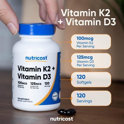 Nutricost Vitamin D3 + K2 (5000 IE D3 / 100mcg MK7), 120 Weichkapseln – Glutenfrei & Nicht-GVO