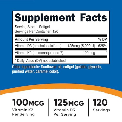 Nutricost Vitamin D3 + K2 (5000 IE D3 / 100mcg MK7), 120 Weichkapseln – Glutenfrei & Nicht-GVO