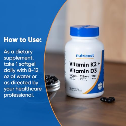 Nutricost Vitamin D3 + K2 (5000 IE D3 / 100mcg MK7), 120 Weichkapseln – Glutenfrei & Nicht-GVO