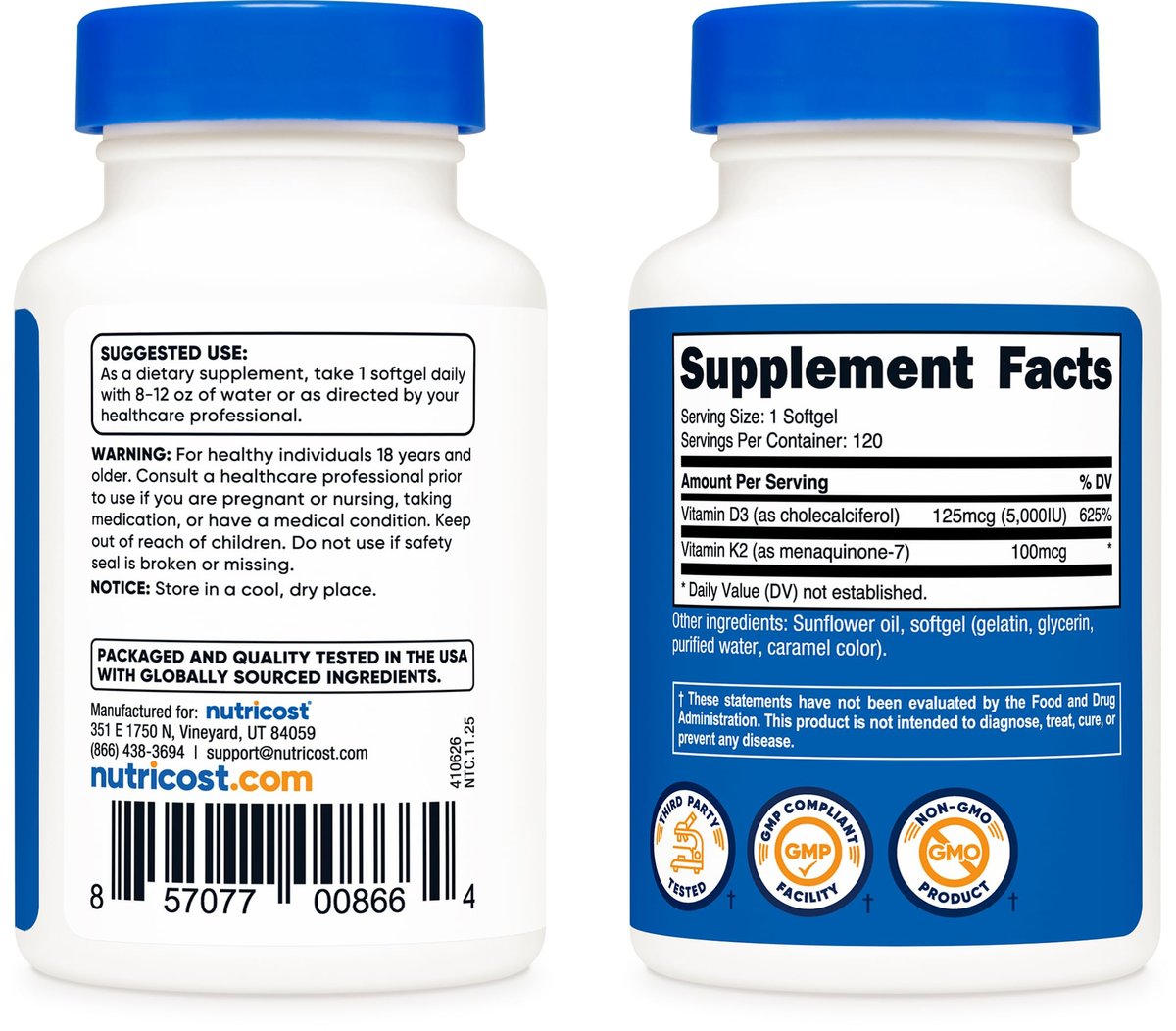 Nutricost Vitamin D3 + K2 (5000 IE D3 / 100mcg MK7), 120 Weichkapseln – Glutenfrei & Nicht-GVO