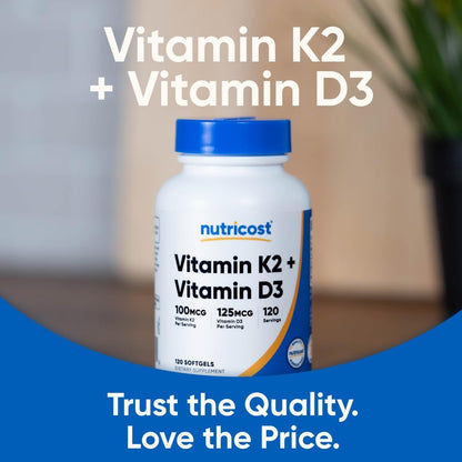 Nutricost Vitamin D3 + K2 (5000 IE D3 / 100mcg MK7), 120 Weichkapseln – Glutenfrei & Nicht-GVO