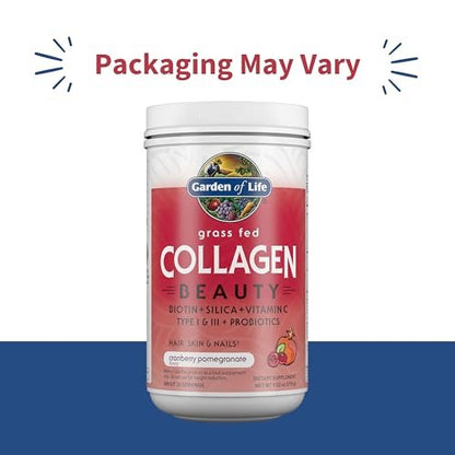 Garden of Life Grass Fed Collagen Beauty – Cranberry-Pomegranate, 20 Portionen, Pulver für Frauen und Männer, Haut, Haare, Nägel, hydrolysiertes Kollagenpeptid-Proteinpulver
