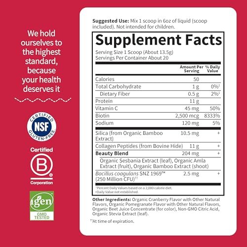 Garden of Life Grass Fed Collagen Beauty – Cranberry-Pomegranate, 20 Portionen, Pulver für Frauen und Männer, Haut, Haare, Nägel, hydrolysiertes Kollagenpeptid-Proteinpulver