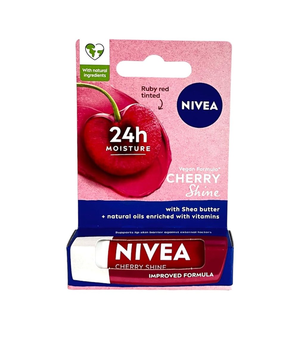 NIVEA Cherry Shine Pflegender Lippenbalsam – Lang anhaltende Feuchtigkeitsversorgung – 4,8 g