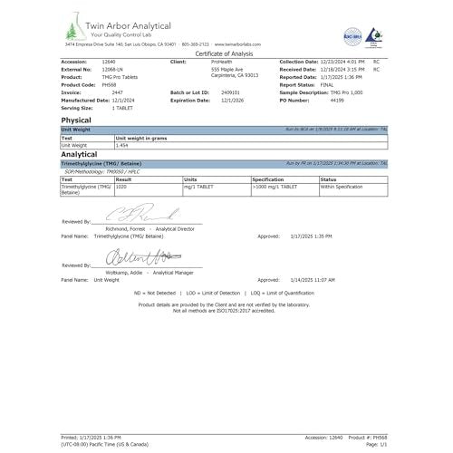 ProHealth Longevity TMG (Trimethylglycin) Betain Anhydrat - 1.000 mg, 120 Tabletten - Methylierungsunterstützung