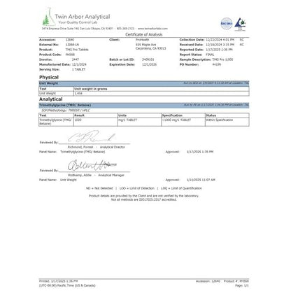 ProHealth Longevity TMG (Trimethylglycin) Betain Anhydrat - 1.000 mg, 120 Tabletten - Methylierungsunterstützung