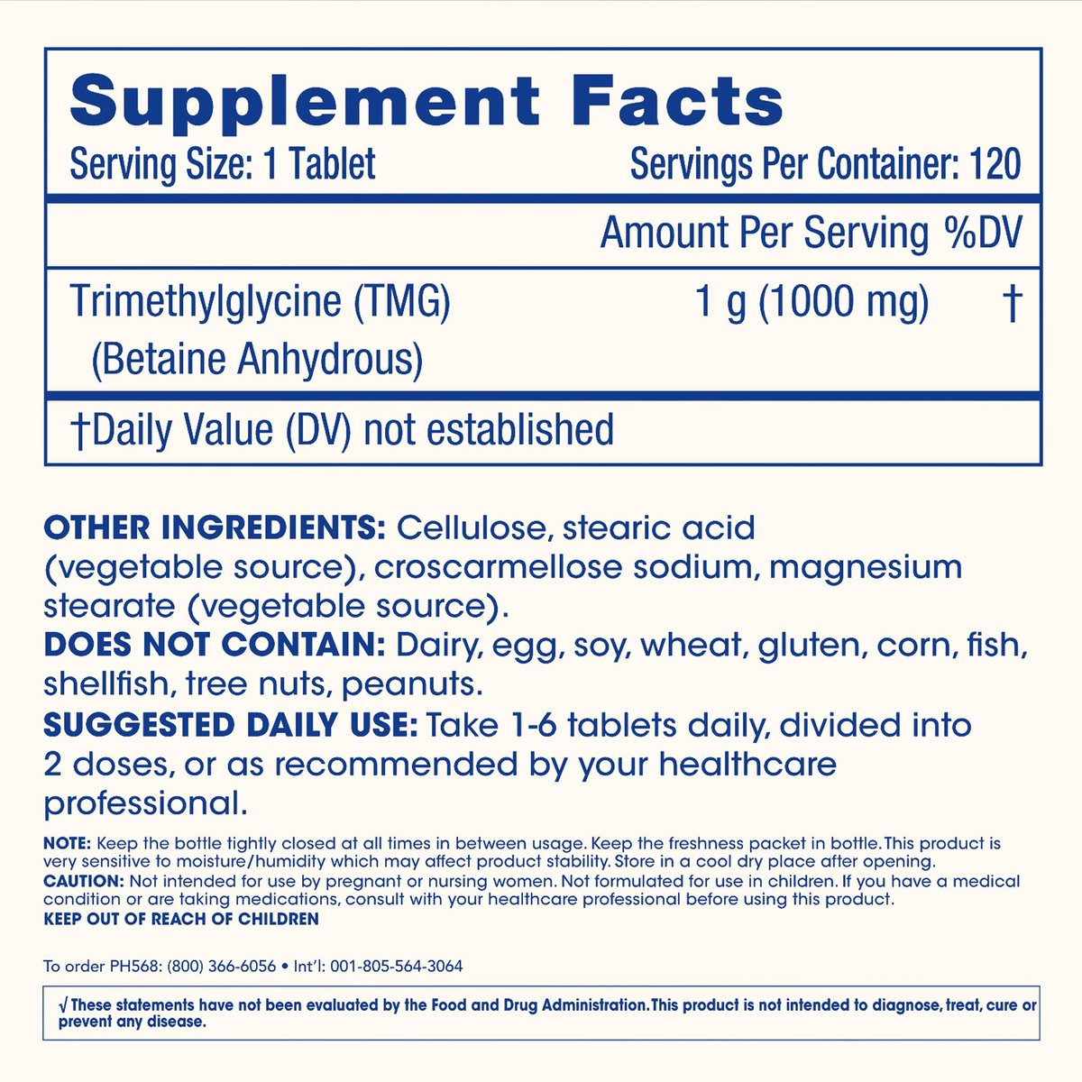 ProHealth Longevity TMG (Trimethylglycin) Betain Anhydrat - 1.000 mg, 120 Tabletten - Methylierungsunterstützung