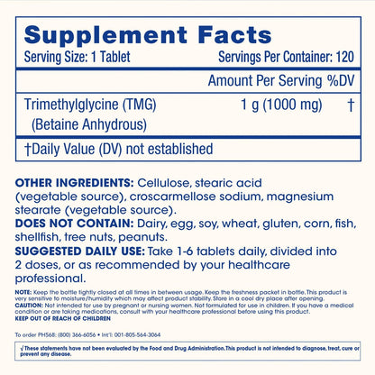 ProHealth Longevity TMG (Trimethylglycin) Betain Anhydrat - 1.000 mg, 120 Tabletten - Methylierungsunterstützung