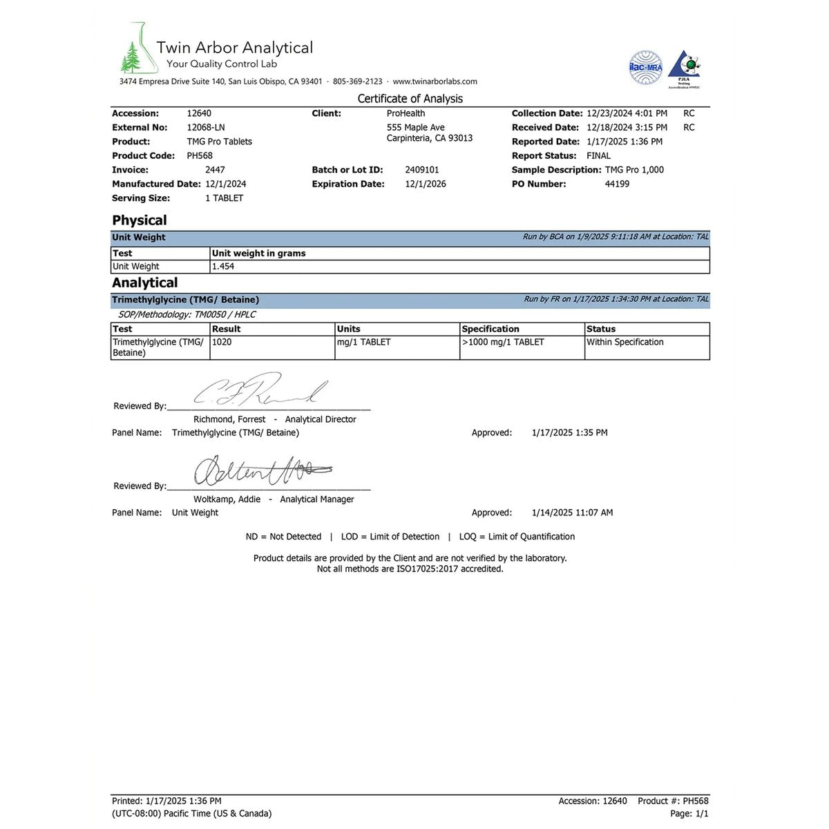ProHealth Longevity TMG (Trimethylglycin) Betain Anhydrat - 1.000 mg, 120 Tabletten - Methylierungsunterstützung