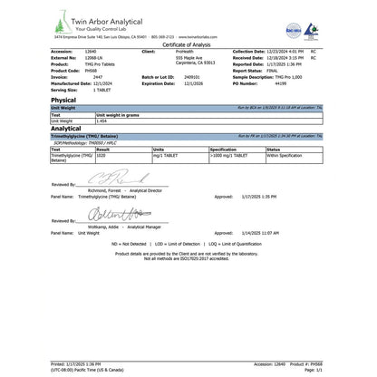 ProHealth Longevity TMG (Trimethylglycin) Betain Anhydrat - 1.000 mg, 120 Tabletten - Methylierungsunterstützung