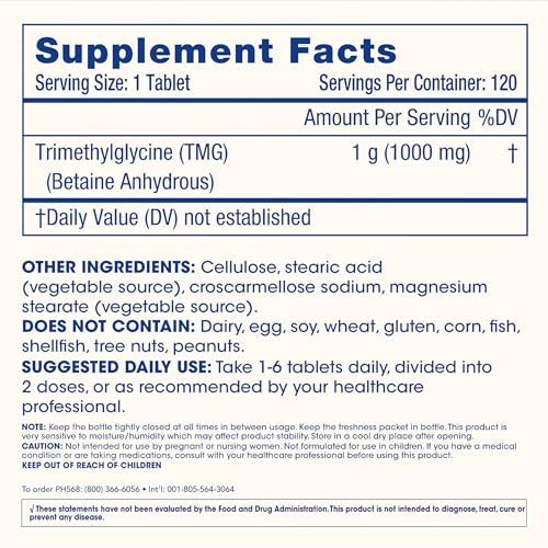 ProHealth Longevity TMG (Trimethylglycin) Betain Anhydrat - 1.000 mg, 120 Tabletten - Methylierungsunterstützung