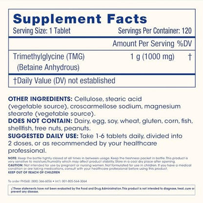 ProHealth Longevity TMG (Trimethylglycin) Betain Anhydrat - 1.000 mg, 120 Tabletten - Methylierungsunterstützung