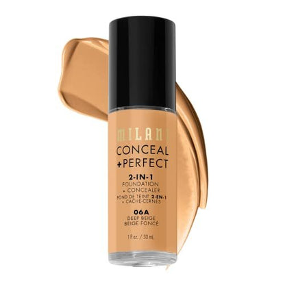 Milani Conceal + Perfect 2-in-1 Foundation + Concealer – 06A Deep Beige – Wasserfeste & schweißresistente Abdeckung für einen makellosen Teint
