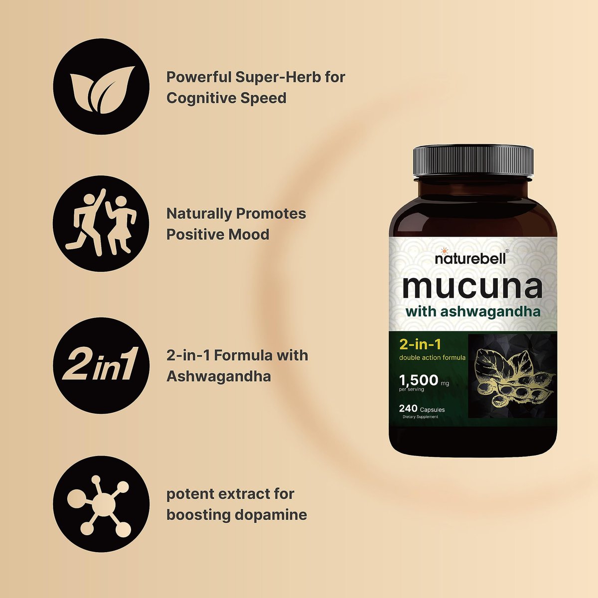 Mucuna Pruriens Kapseln, 1500 mg pro Portion, 2-in-1-Formel mit Ashwagandha, 240 Kapseln, Stimmungsaufheller, Entspannung & Regeneration