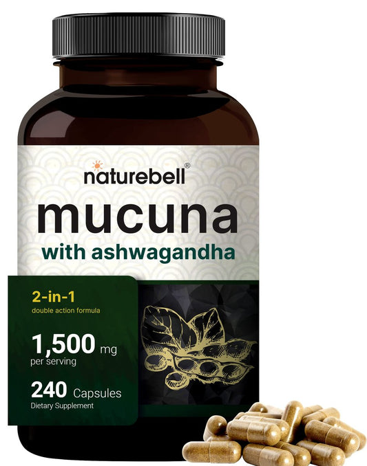 Mucuna Pruriens Kapseln, 1500 mg pro Portion, 2-in-1-Formel mit Ashwagandha, 240 Kapseln, Stimmungsaufheller, Entspannung & Regeneration