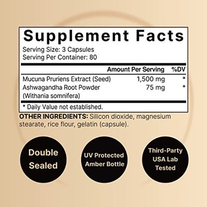 Mucuna Pruriens Kapseln, 1500 mg pro Portion, 2-in-1-Formel mit Ashwagandha, 240 Kapseln, Stimmungsaufheller, Entspannung & Regeneration