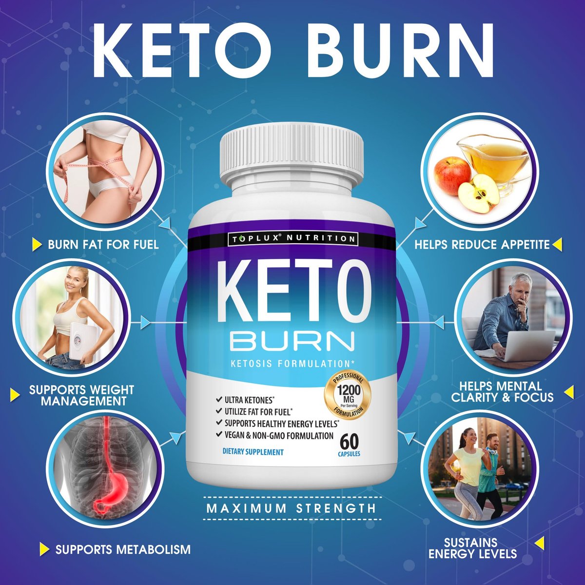 Toplux Keto Burn Kapseln – 1200 mg Ketose-Booster für natürliche Fettverbrennung & Gewichtsverlust – 60 Kapseln für Männer und Frauen
