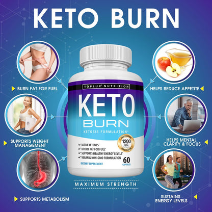 Toplux Keto Burn Kapseln – 1200 mg Ketose-Booster für natürliche Fettverbrennung & Gewichtsverlust – 60 Kapseln für Männer und Frauen