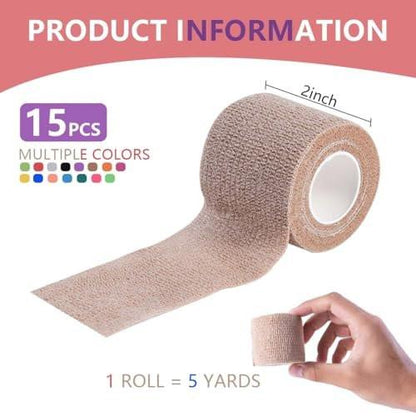 KISEER 15er-Pack 2 Zoll x 5 Yards Selbstklebende Bandage, Atmungsaktive Kohäsive Binde, Elastischer Selbsthaftender Verband für Sport, Handgelenk, Knöchel