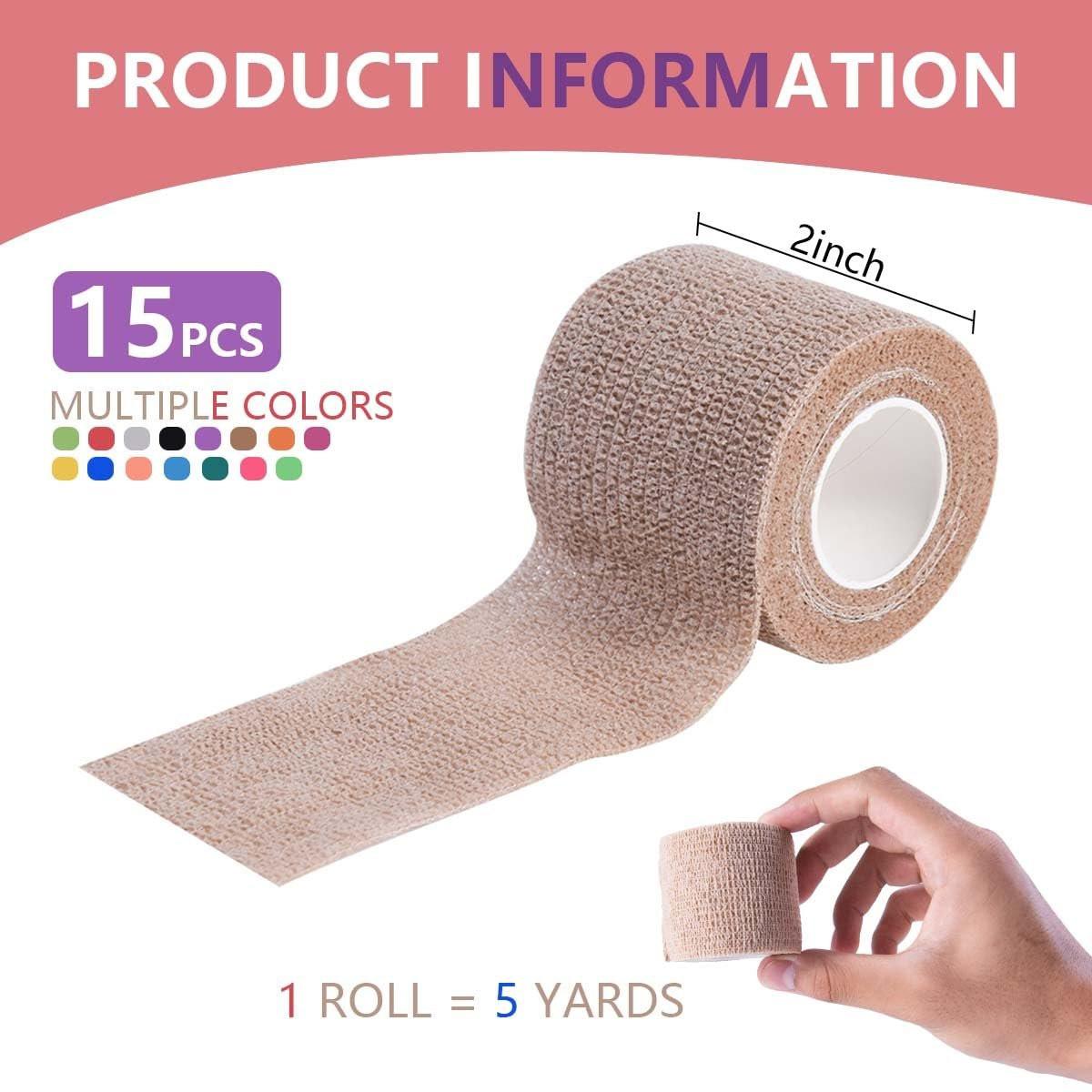 KISEER 15er-Pack 2 Zoll x 5 Yards Selbstklebende Bandage, Atmungsaktive Kohäsive Binde, Elastischer Selbsthaftender Verband für Sport, Handgelenk, Knöchel
