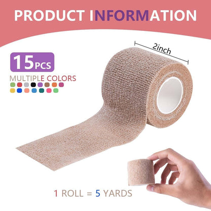 KISEER 15er-Pack 2 Zoll x 5 Yards Selbstklebende Bandage, Atmungsaktive Kohäsive Binde, Elastischer Selbsthaftender Verband für Sport, Handgelenk, Knöchel