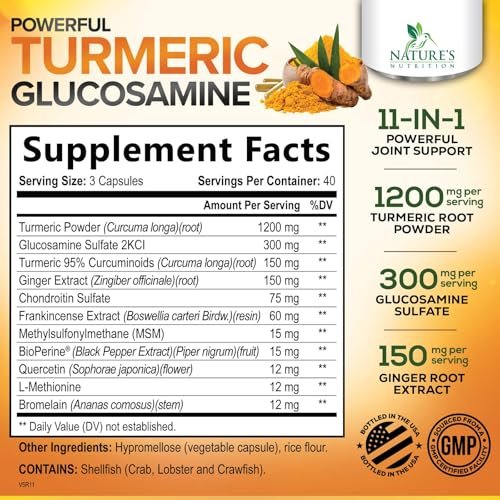 Turmeric Curcumin Komplex – 95% Curcuminoide mit Glucosamin, Ingwer & MSM, BioPerin Schwarzer Pfeffer Extrakt für beste Absorption, Natürliche vegane Gelenkunterstützung, Nicht-GVO, Abgefüllt in den USA – 120 Kapseln