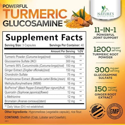 Turmeric Curcumin Komplex – 95% Curcuminoide mit Glucosamin, Ingwer & MSM, BioPerin Schwarzer Pfeffer Extrakt für beste Absorption, Natürliche vegane Gelenkunterstützung, Nicht-GVO, Abgefüllt in den USA – 120 Kapseln