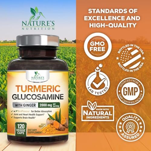 Turmeric Curcumin Komplex – 95% Curcuminoide mit Glucosamin, Ingwer & MSM, BioPerin Schwarzer Pfeffer Extrakt für beste Absorption, Natürliche vegane Gelenkunterstützung, Nicht-GVO, Abgefüllt in den USA – 120 Kapseln