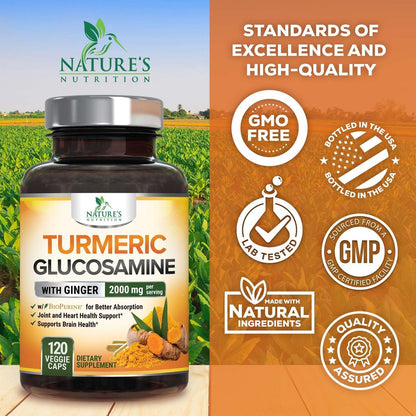 Turmeric Curcumin Komplex – 95% Curcuminoide mit Glucosamin, Ingwer & MSM, BioPerin Schwarzer Pfeffer Extrakt für beste Absorption, Natürliche vegane Gelenkunterstützung, Nicht-GVO, Abgefüllt in den USA – 120 Kapseln