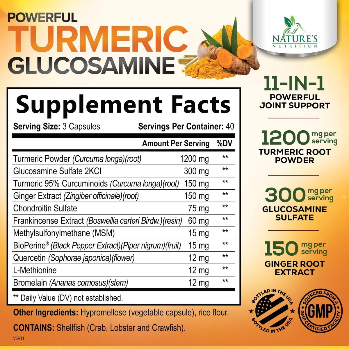 Turmeric Curcumin Komplex – 95% Curcuminoide mit Glucosamin, Ingwer & MSM, BioPerin Schwarzer Pfeffer Extrakt für beste Absorption, Natürliche vegane Gelenkunterstützung, Nicht-GVO, Abgefüllt in den USA – 120 Kapseln