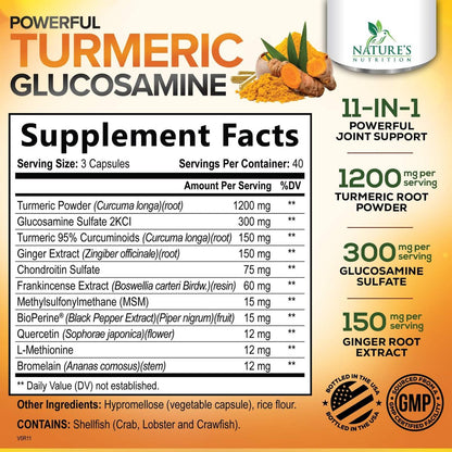 Turmeric Curcumin Komplex – 95% Curcuminoide mit Glucosamin, Ingwer & MSM, BioPerin Schwarzer Pfeffer Extrakt für beste Absorption, Natürliche vegane Gelenkunterstützung, Nicht-GVO, Abgefüllt in den USA – 120 Kapseln
