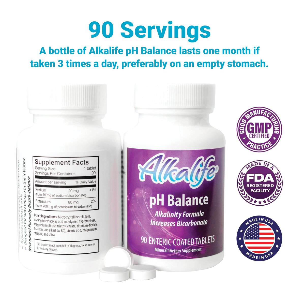 Alkalife pH Balance Tabletten – 1 Pack, Alkalische Mineralunterstützung ohne Flaschen, Magensaftresistente Kapseln für maximale Aufnahme, Kalium & Natriumbicarbonat, Immununterstützung, 90 Tabletten (1 Monatsvorrat)