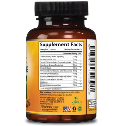 Turmeric Curcumin Komplex mit 95% Curcuminoiden, Glucosamin, Ingwer & MSM, BioPerine Schwarzer Pfeffer Extrakt für beste Absorption, natürliche vegane Gelenkunterstützung, Non-GMO, in den USA abgefüllt - 60 Kapseln