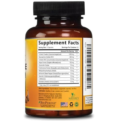 Turmeric Curcumin Komplex mit 95% Curcuminoiden, Glucosamin, Ingwer & MSM, BioPerine Schwarzer Pfeffer Extrakt für beste Absorption, natürliche vegane Gelenkunterstützung, Non-GMO, in den USA abgefüllt - 60 Kapseln