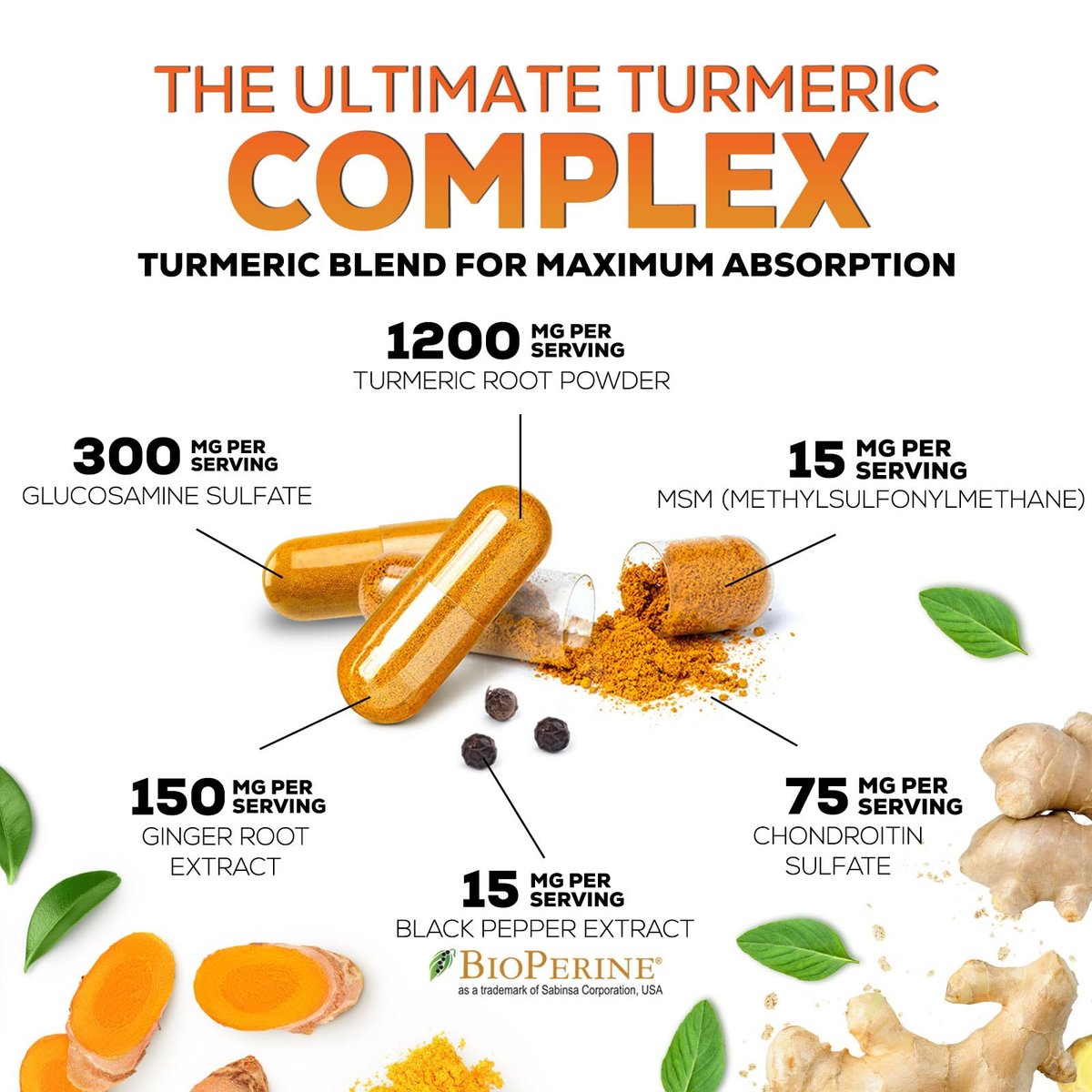 Turmeric Curcumin Komplex mit 95% Curcuminoiden, Glucosamin, Ingwer & MSM, BioPerine Schwarzer Pfeffer Extrakt für beste Absorption, natürliche vegane Gelenkunterstützung, Non-GMO, in den USA abgefüllt - 60 Kapseln