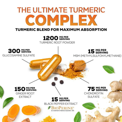 Turmeric Curcumin Komplex mit 95% Curcuminoiden, Glucosamin, Ingwer & MSM, BioPerine Schwarzer Pfeffer Extrakt für beste Absorption, natürliche vegane Gelenkunterstützung, Non-GMO, in den USA abgefüllt - 60 Kapseln