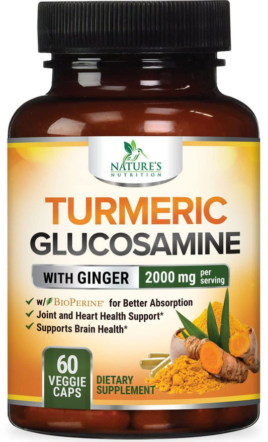 Turmeric Curcumin Komplex mit 95% Curcuminoiden, Glucosamin, Ingwer & MSM, BioPerine Schwarzer Pfeffer Extrakt für beste Absorption, natürliche vegane Gelenkunterstützung, Non-GMO, in den USA abgefüllt - 60 Kapseln