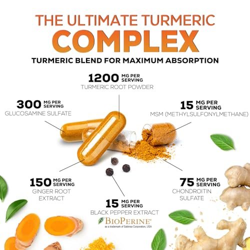 Turmeric Curcumin Komplex mit 95% Curcuminoiden, Glucosamin, Ingwer & MSM, BioPerine Schwarzer Pfeffer Extrakt für beste Absorption, natürliche vegane Gelenkunterstützung, Non-GMO, in den USA abgefüllt - 60 Kapseln