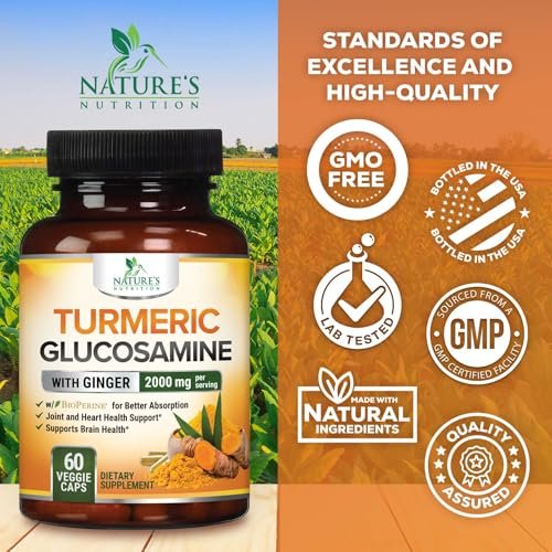 Turmeric Curcumin Komplex mit 95% Curcuminoiden, Glucosamin, Ingwer & MSM, BioPerine Schwarzer Pfeffer Extrakt für beste Absorption, natürliche vegane Gelenkunterstützung, Non-GMO, in den USA abgefüllt - 60 Kapseln