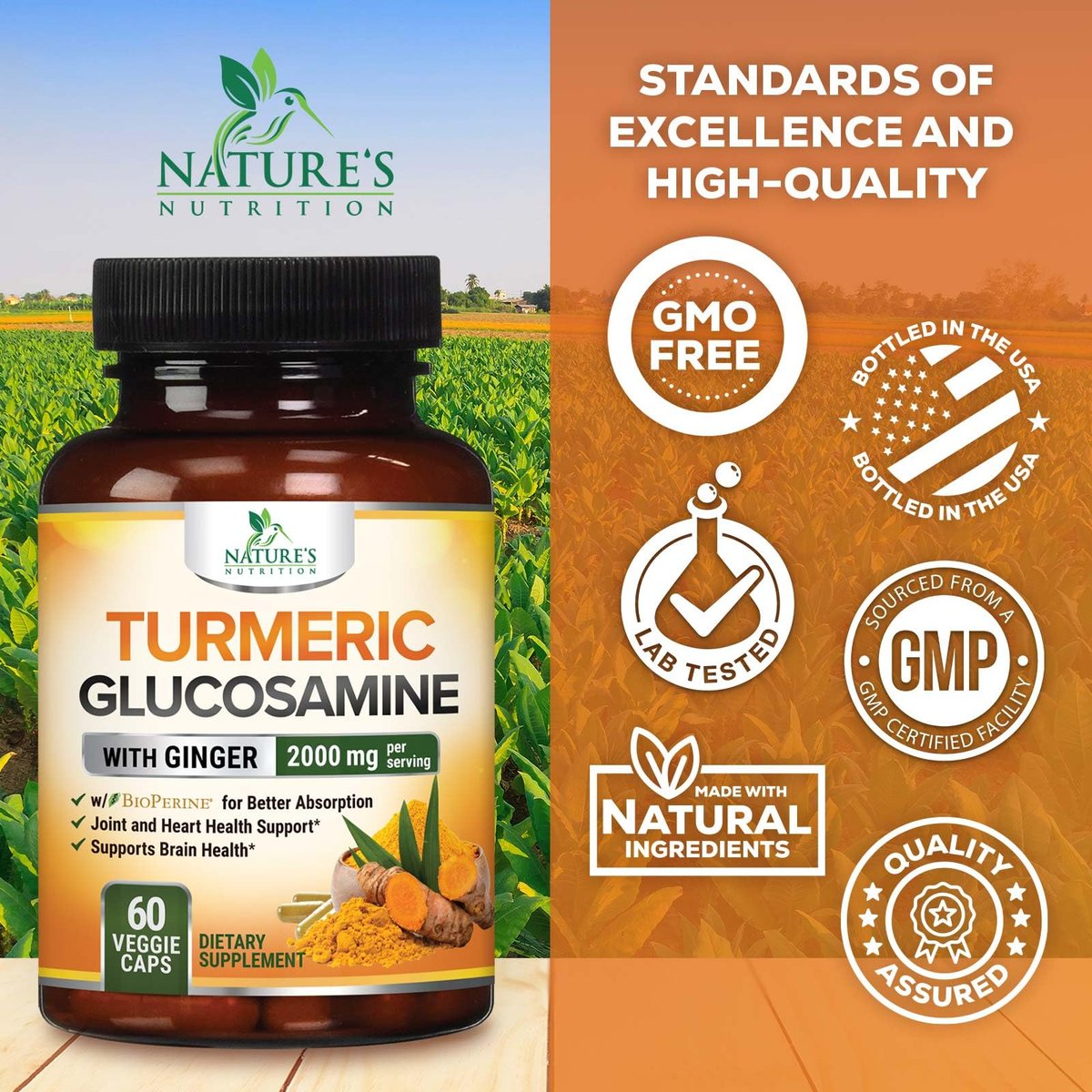 Turmeric Curcumin Komplex mit 95% Curcuminoiden, Glucosamin, Ingwer & MSM, BioPerine Schwarzer Pfeffer Extrakt für beste Absorption, natürliche vegane Gelenkunterstützung, Non-GMO, in den USA abgefüllt - 60 Kapseln