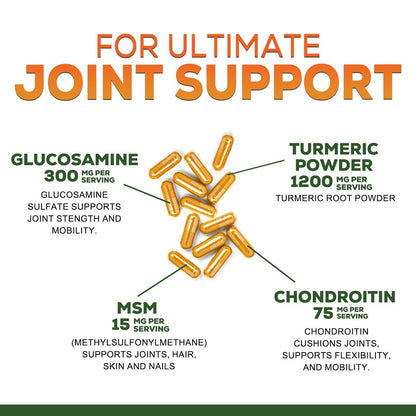Turmeric Curcumin Komplex mit 95% Curcuminoiden, Glucosamin, Ingwer & MSM, BioPerine Schwarzer Pfeffer Extrakt für beste Absorption, natürliche vegane Gelenkunterstützung, Non-GMO, in den USA abgefüllt - 60 Kapseln