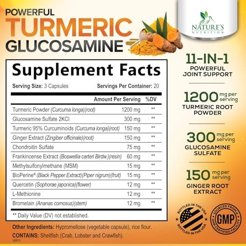 Turmeric Curcumin Komplex mit 95% Curcuminoiden, Glucosamin, Ingwer & MSM, BioPerine Schwarzer Pfeffer Extrakt für beste Absorption, natürliche vegane Gelenkunterstützung, Non-GMO, in den USA abgefüllt - 60 Kapseln