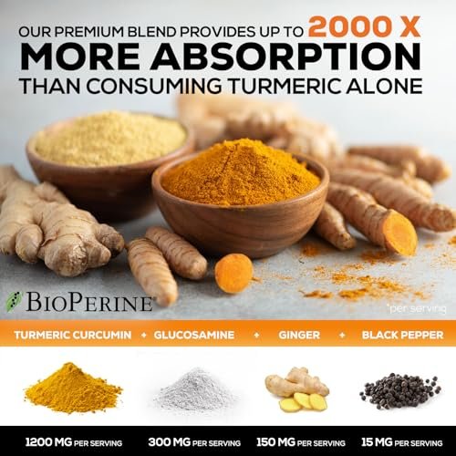 Turmeric Curcumin Komplex mit 95% Curcuminoiden, Glucosamin, Ingwer & MSM, BioPerine Schwarzer Pfeffer Extrakt für beste Absorption, natürliche vegane Gelenkunterstützung, Non-GMO, in den USA abgefüllt - 60 Kapseln