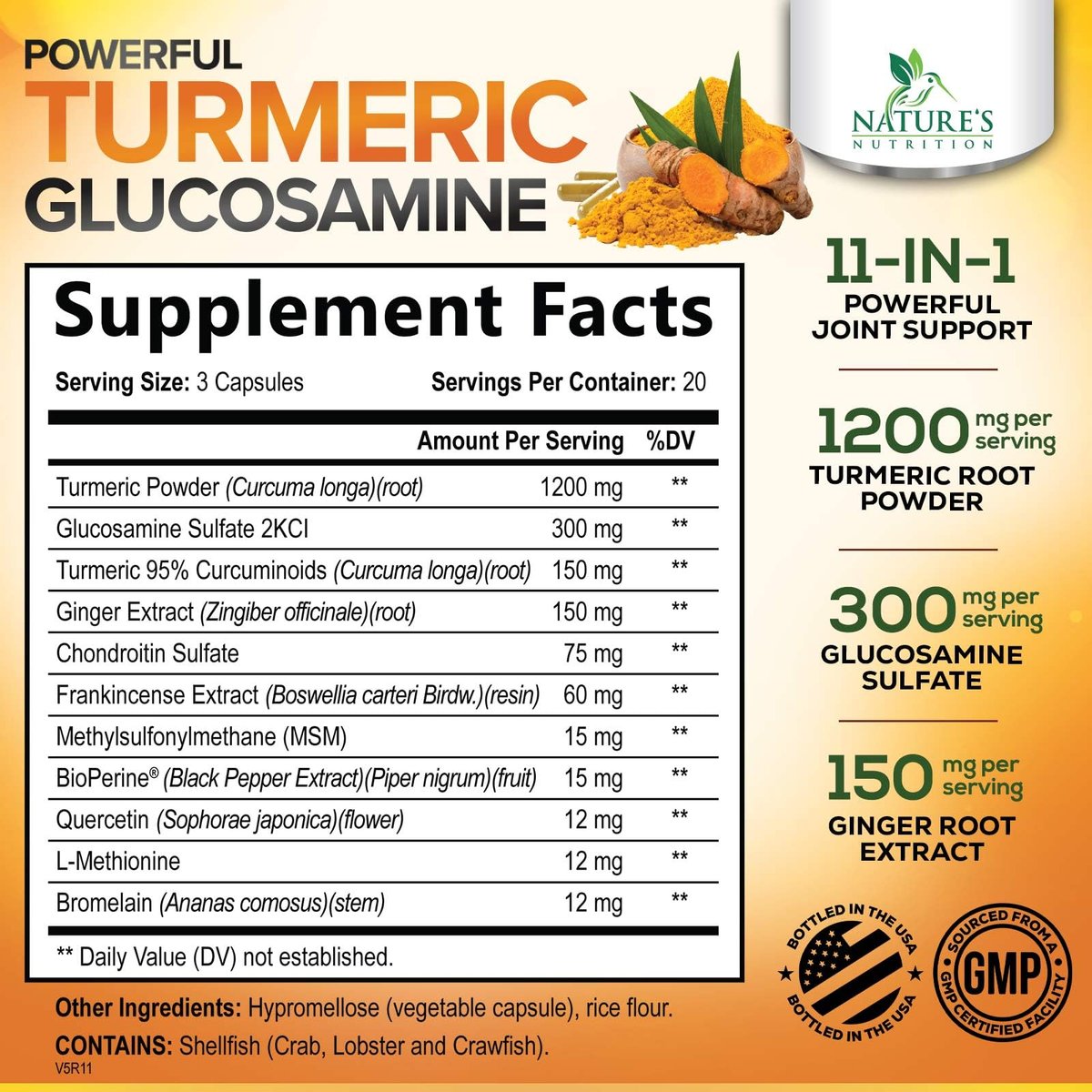 Turmeric Curcumin Komplex mit 95% Curcuminoiden, Glucosamin, Ingwer & MSM, BioPerine Schwarzer Pfeffer Extrakt für beste Absorption, natürliche vegane Gelenkunterstützung, Non-GMO, in den USA abgefüllt - 60 Kapseln