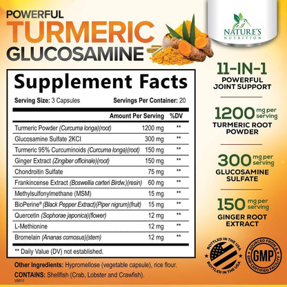Turmeric Curcumin Komplex mit 95% Curcuminoiden, Glucosamin, Ingwer & MSM, BioPerine Schwarzer Pfeffer Extrakt für beste Absorption, natürliche vegane Gelenkunterstützung, Non-GMO, in den USA abgefüllt - 60 Kapseln