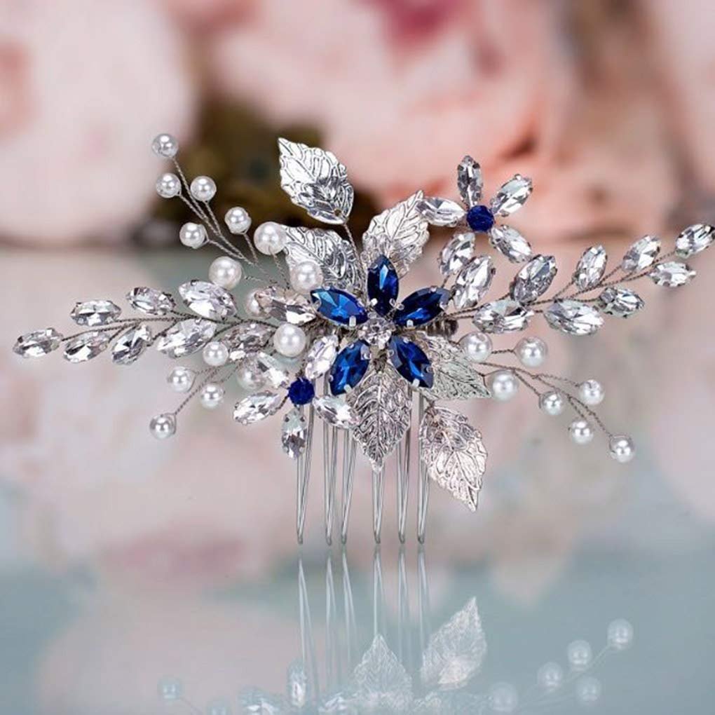 Olbye Blauer Hochzeitskamm mit Strasssteinen – Braut Haaraccessoire für Braut und Brautjungfern, Silber
