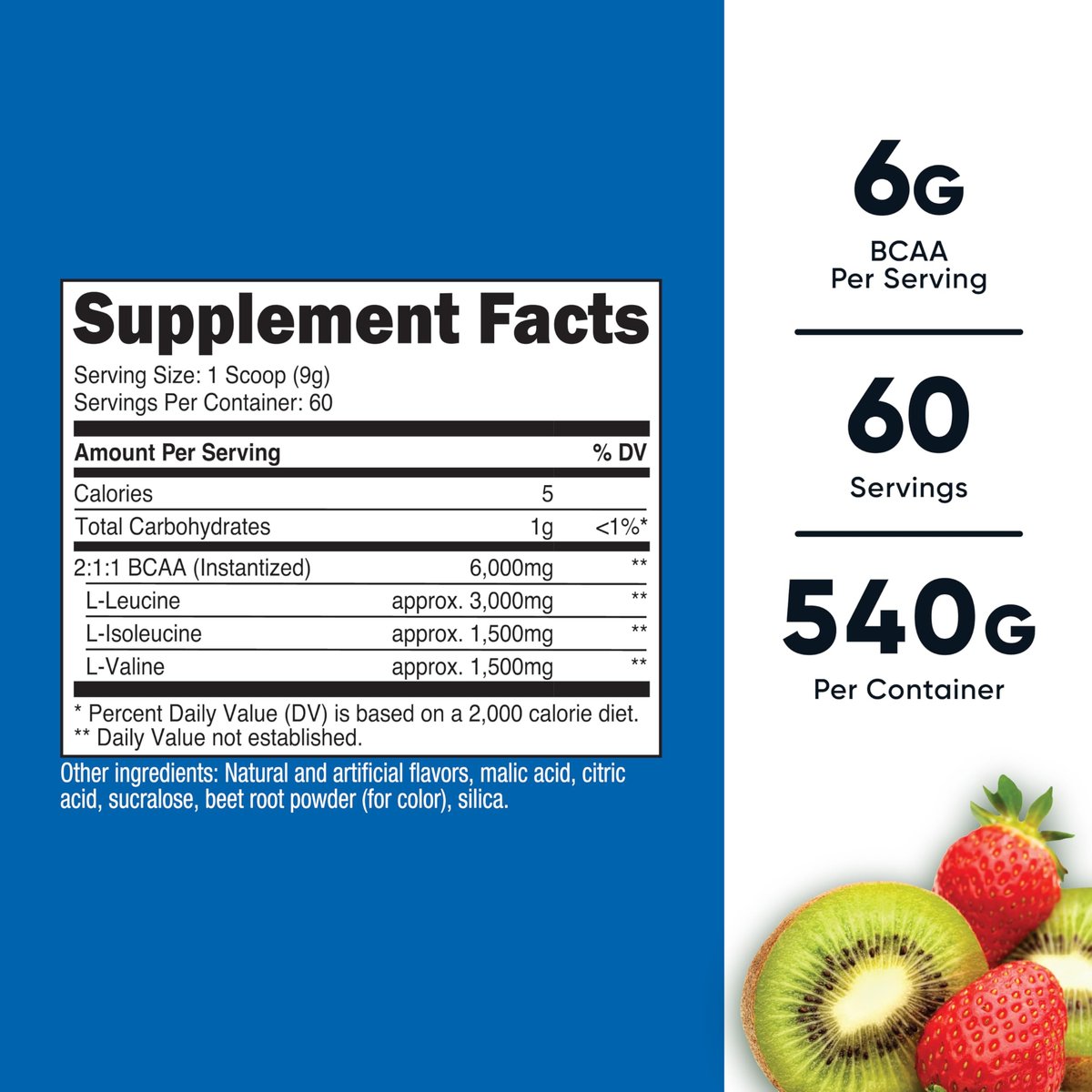 Nutricost BCAA Pulver (Erdbeer-Kiwi) 60 Portionen - Optimales 2:1:1 Verhältnis