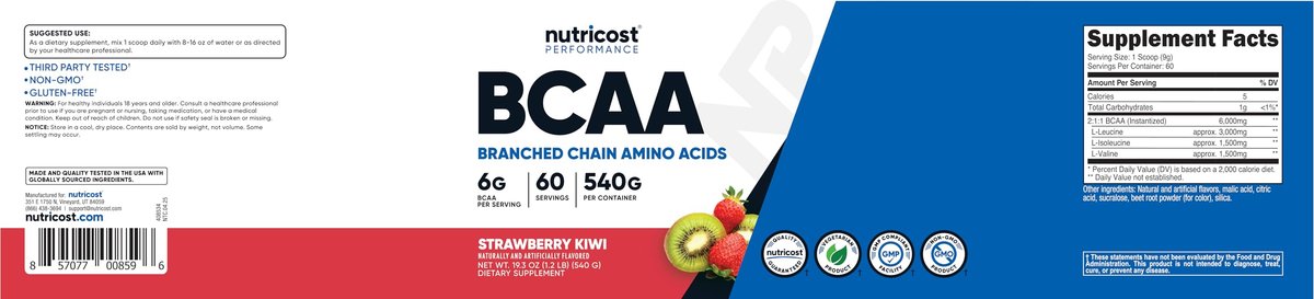 Nutricost BCAA Pulver (Erdbeer-Kiwi) 60 Portionen - Optimales 2:1:1 Verhältnis