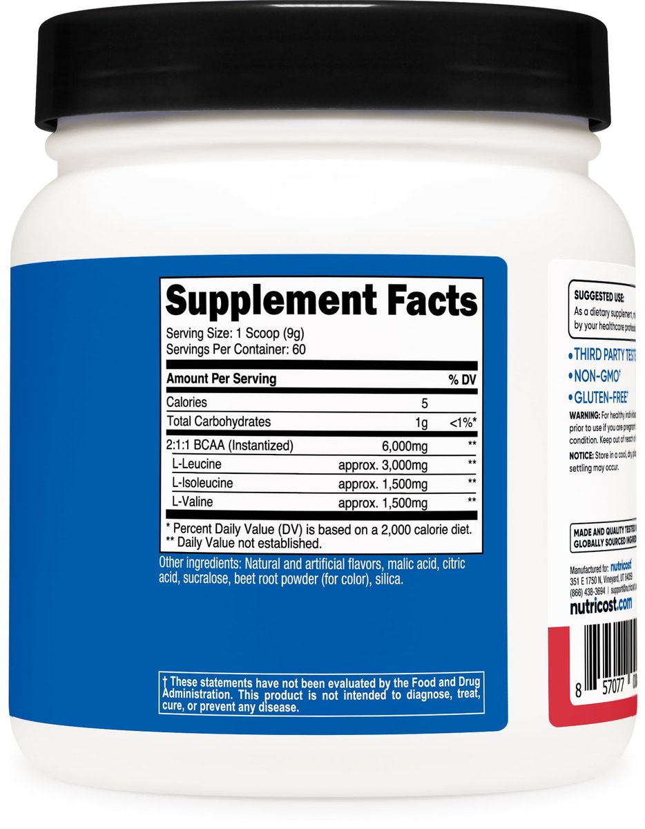 Nutricost BCAA Pulver (Erdbeer-Kiwi) 60 Portionen - Optimales 2:1:1 Verhältnis